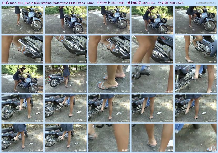 mop-165_Benja Kick starting Motorcycle Blue Dress